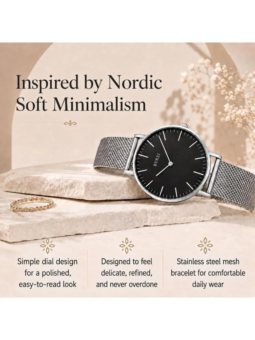 Women's Black Silver Minimalist Analog Quartz Waterproof Dress Wrist Watches